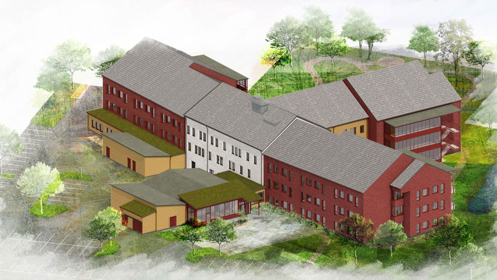 Arkitektillustration av vårdboende. Röda byggnader omgivna av grönska