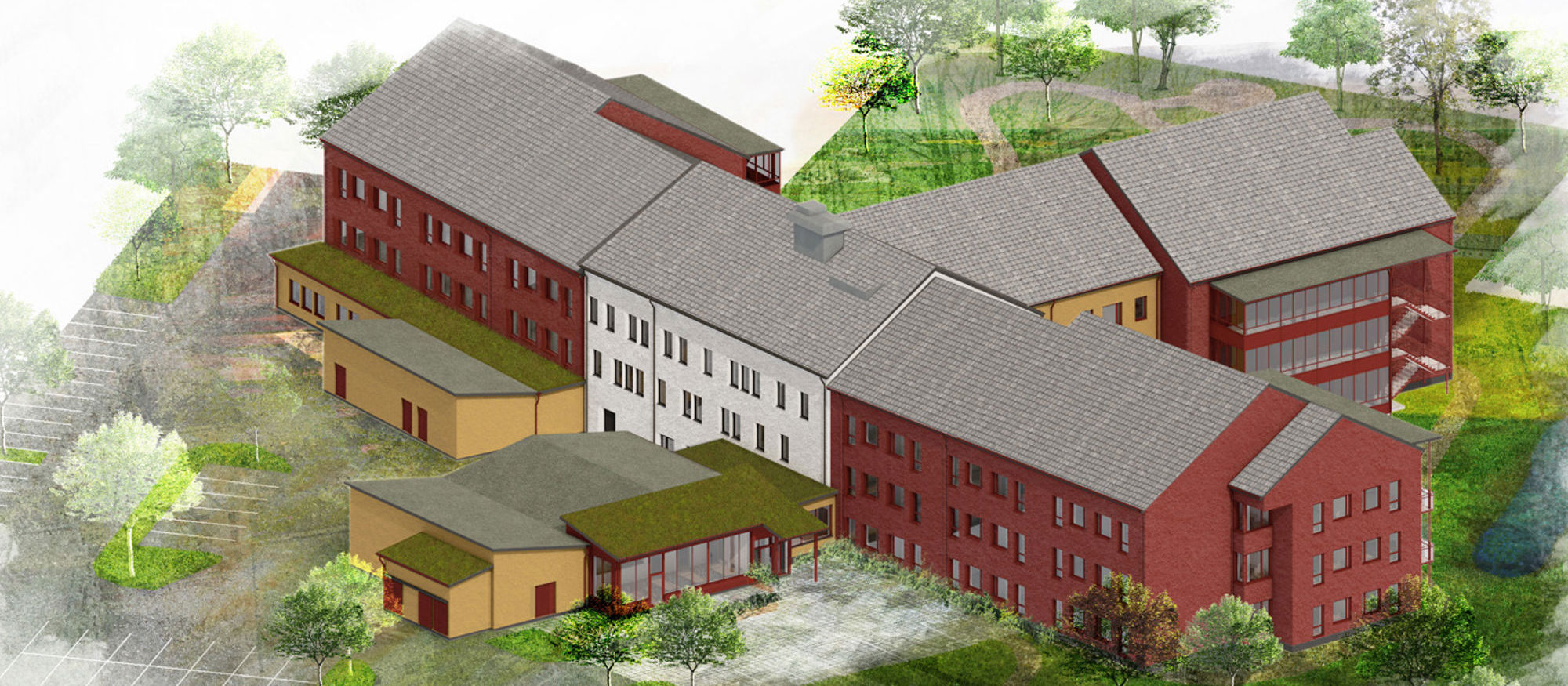 Arkitektillustration av vårdboende. Röda byggnader omgivna av grönska