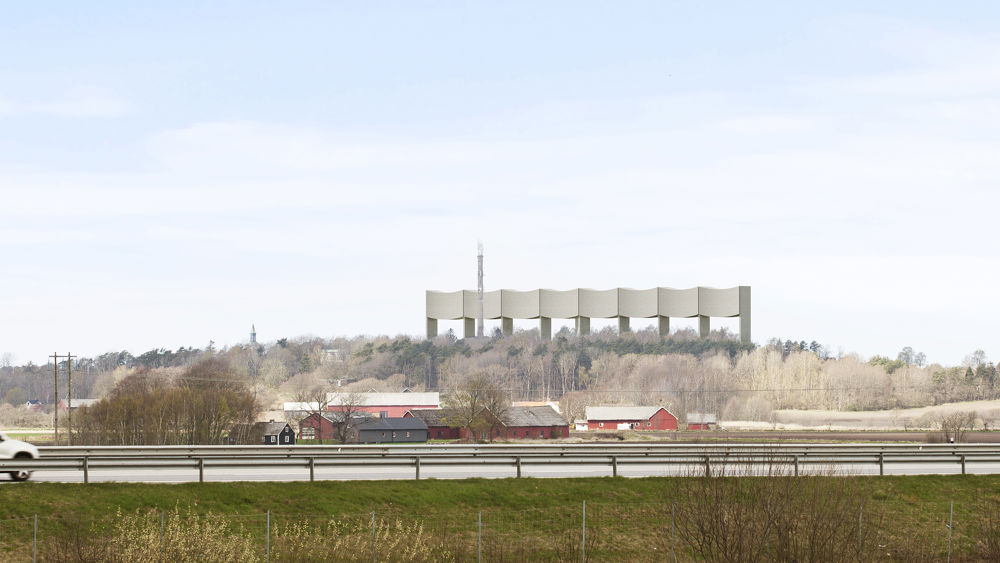 Arkitektbild där Våga vattentorn höjer sig som en våg längs med horisonten. I förgrunden en motorväg framför en bondgård och träd. 