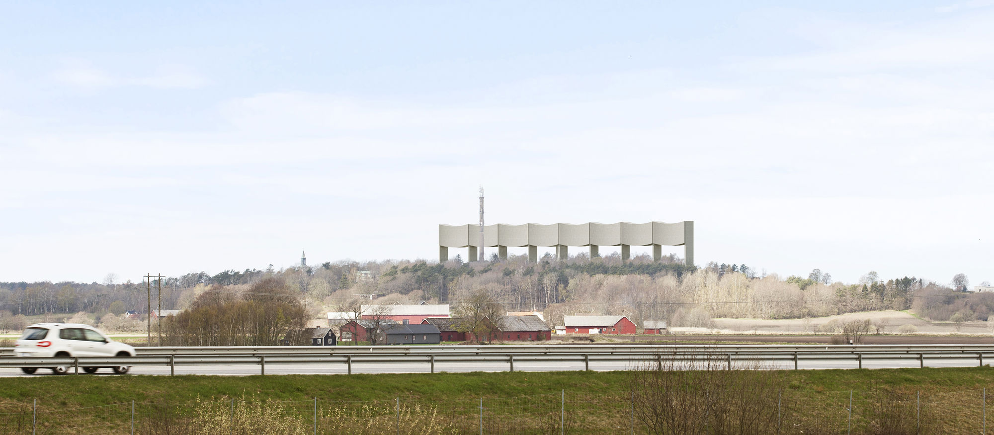 Arkitektbild där Våga vattentorn höjer sig som en våg längs med horisonten. I förgrunden en motorväg framför en bondgård och träd. 